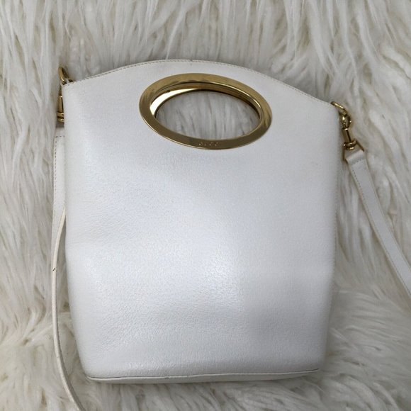 Gucci Metal Handle Embossed Leather Handbag Bucket White Vtg DISTRESSED Inside - Picture 10 of 13